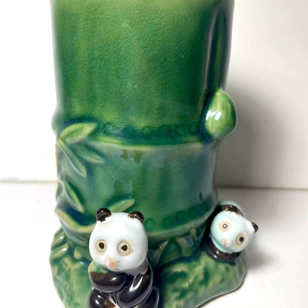 Majolica Panda Bears Green Bamboo Planter Vase Marked